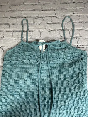 Olive + Oak Sz M Crochet Knit Mini Dress Marled Turquoise Tie Front Lined NWT thumbnail 14