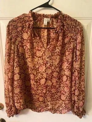 Joie Red Floral blouse small long sleeve Ruffled Stand Up Collar thumbnail 1