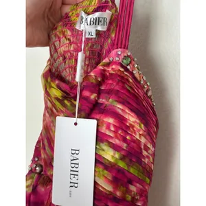 Gorgeous NWT XL Silk Rhinestone Pink Green Maxi Dress Formal Wedding Guest Y2K thumbnail 5