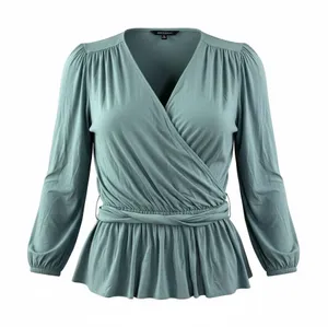 Lauren Ralph Lauren Black Label Wrap Top Womens L Teal Peplum Jersey V Neck Soft thumbnail 1
