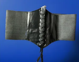 Black Wide Corset Waist Belt Lace Up Elastic Faux Leather gothic Small costume thumbnail 1
