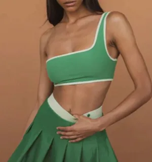 We Wore What contrast one shoulder top green / wheat NWT XS thumbnail 1