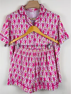 Pink Monkey Print Pajama Set Short Sleeve Top & Shorts Size L thumbnail 1