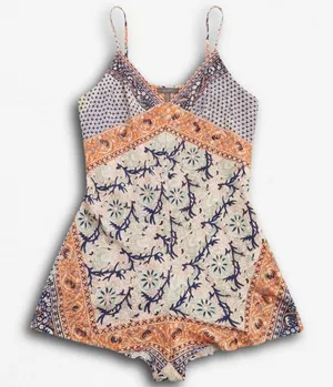 Twelfth‎ Street by Cynthia Vincent Boho Mixed Print Romper Orange Blue V-Neck thumbnail 1