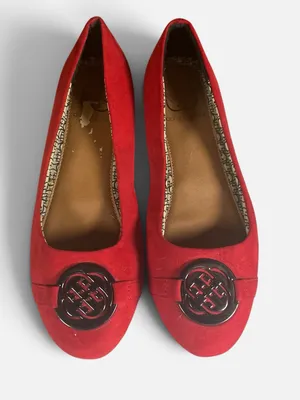 Daisy Fuentes Bright Red Suede Ballet Flats with Round Metal Emblem thumbnail 3