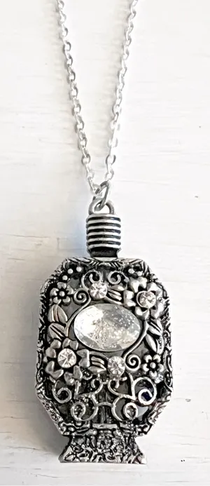 Perfume Bottle Pendant Necklace Rhinestone Embellishment Silver Vintage Style thumbnail 1