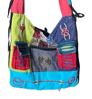 Boho crossbody bag slouchy patchwork distressed cotton bag. thumbnail 1