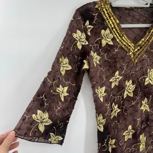 Y2K Boho Sheer Sequin Top Sz M Stevie Nicks Festival Embroidered Brown Indie thumbnail 6