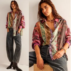 Free People Bohemian Patchwork Flower Patch Top Berry Combo Oversized Small Fall thumbnail 2