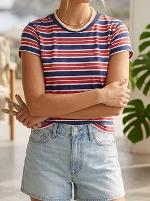 AERIE Classic Striped Short Sleeve Baby Tee | Red Navy & White thumbnail 2