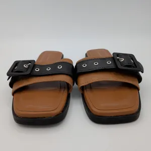 Anthropologie‎ Women Tan Black Leather Buckle Slide Sandals Square Toe Size 37 thumbnail 4