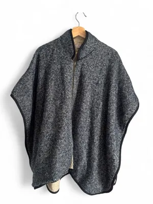 Free People Swept Away Navy & Cream Herringbone Zip Front Free Size Poncho O/S thumbnail 2