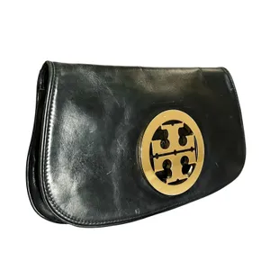 Tory Burch Black Leather Logo Clutch Handbag Evening Bag thumbnail 10