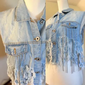 Spoon Jeans Denim Vest Women XL Blue Distressed Rhinestone Fringe Western Crop thumbnail 3