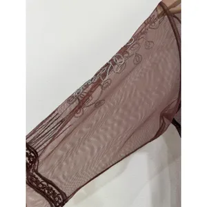 Vintage Style Sheer Mesh Embroidered Lace Trim Dress Brown Silver Size S thumbnail 6