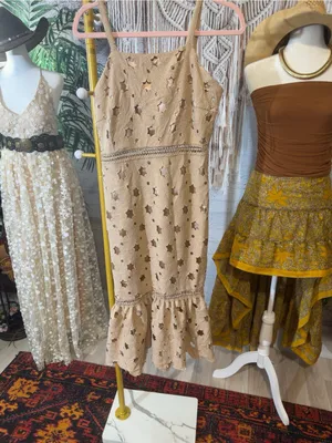 Just Me Beige Crochet Star-Pattern Midi Dress with Ruffle Hem thumbnail 2