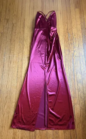 Lulus Red Satin V Neck Strappy Side Slit Maxi Formal Gown thumbnail 1