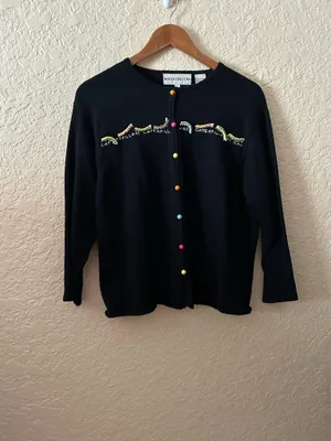 🩷VTG Marisa Christina Woman L Novalty 90s Sweater caterpillar Black Multi Color thumbnail 3