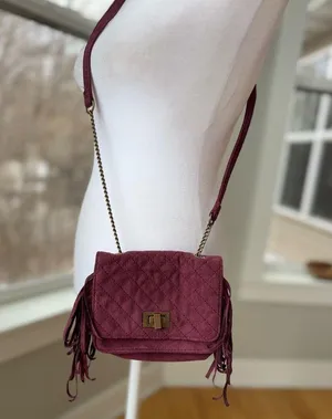 Art Class Burgundy Quilted Faux Suede Fringe Mini Bag Purse Crossbody thumbnail 2