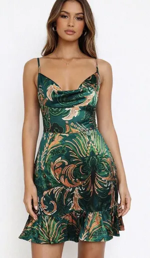 Satin Mini Slip Dress Green Ruffle Hem Cowl Neck Clubbing Party Glam Going Out M thumbnail 1