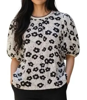 ANTHROPOLOGIE THML White & Cream With Black Floral Puff Sleeve Textured Top‎ S thumbnail 1