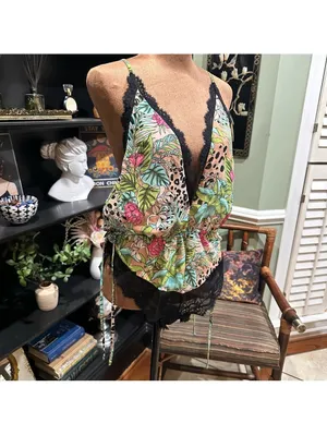 I.N.C. Floral Leopard Print Lingerie Romper with Black Lace Trim – Size Large thumbnail 3