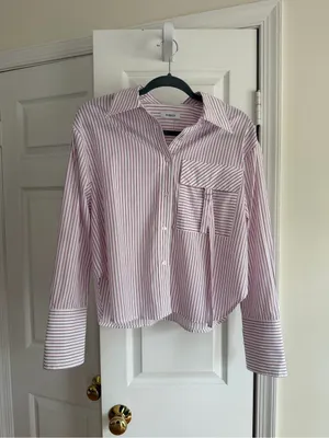 Parker Stripe Cotton Cropped Button Down Utility Pocket Shirt Size M/L thumbnail 2