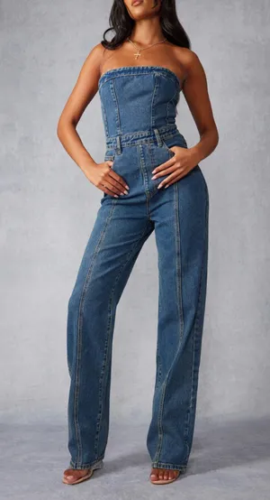 - [ ] Unbranded Wash Bandeau Style Straight Leg Denim Jumpsuit thumbnail 1