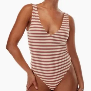Babaton Aritzia Contour Striped Mauve Cream Double V-Neck‎ G String Bodysuit thumbnail 1