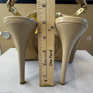 Jessica Simpson‎ Tan Gold Suede Patent Platform T-Strap Peep Toe Heels 7.5B thumbnail 5