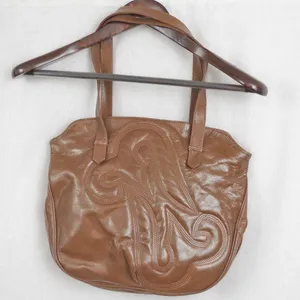 Vintage Italian Made Brown Leather Tote Style Embroidered Shoulder Bag thumbnail 1