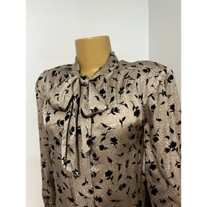 Knot Sisters Womens Taupe Black Floral Bow Tie Neck Viscose Blouse KSHO18T30 M thumbnail 2