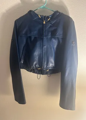 BCBGMAXAZRIA Blue Cropped Hooded Leather Jacket XS thumbnail 1
