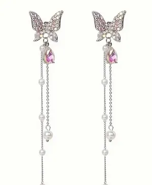 Gorgeous Stainless Steel Silver/ Multicolored Butterfly Dangle Earrings thumbnail 3
