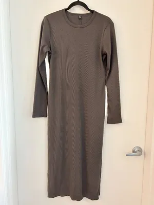 Uniqlo Women's Ribbed Stretchy Long Sleeve Brown Midi Dress Size M thumbnail 3