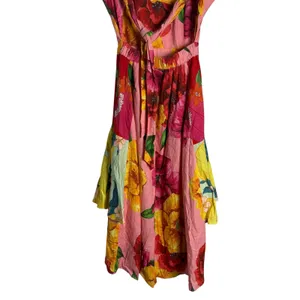 Farm Rio Chita Pink Floral Print Square Neck Tie Back Linen Midi Dress Size XS thumbnail 13