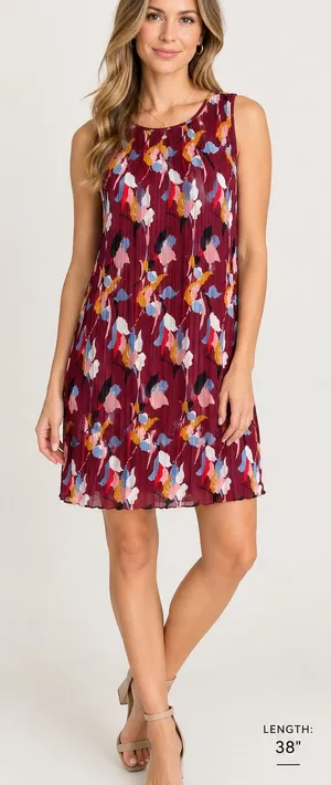 Halogen Pleated Floral-Print Sleeveless Dress - Burgundy Size Large thumbnail 1