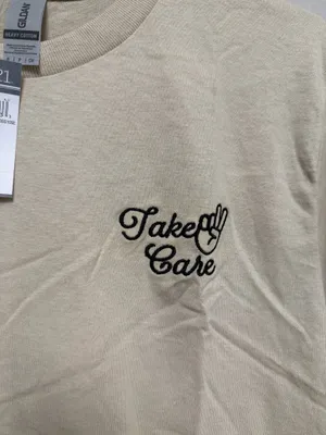 Gildan Heavy Cotton Take Care Embroidered T-Shirt Beige Tan Size S New With Tags thumbnail 4
