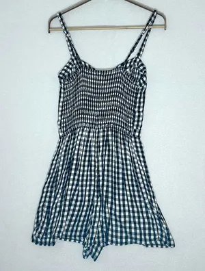 Hollister Women Mini Romper Gingham Checkered Black White Floral Lace Up size M thumbnail 6