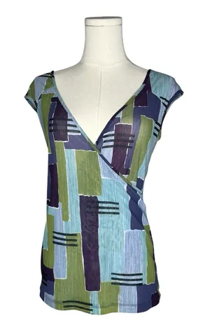 Y2K Vintage NY & Company Blue Purple Abstract Geometric Surplice Wrap Blouse thumbnail 1