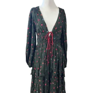 Free People Bohemian Gypsy Tiered Ruffle Maxi Dress Size Medium Witchy Plunge thumbnail 6