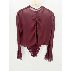 Hot As Hell Mama Jen Bodysuit Top Womens S Wine Sheer Lace Open Back Y2K thumbnail 3