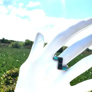 Dp Vintage Sterling Onyx and Turquoise Inlay Band ring thumbnail 12
