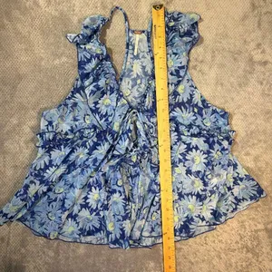 Free People Fearless Tank Blouse Blue Floral Ruffle Tie Front Sheer Peplum Med # thumbnail 10