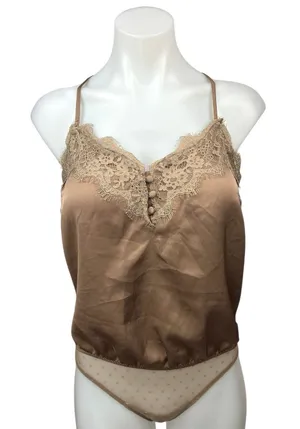 Abercrombie & Fitch Brown Tan Silk Satin Lace Cami Camisole Bodysuit Top Size S thumbnail 1