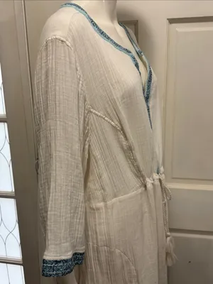 J Jill Gauzy Lined Ivory Dress XL Boho Drawstring Waist Blue Trim Pockets thumbnail 8