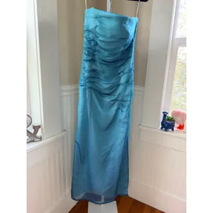 Kay Unger Blue Strapless Ruched Column Gown Side Slit Size 6 thumbnail 2