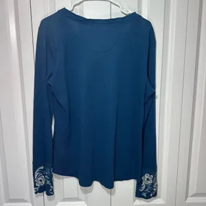 Y2K Panhandle Waffle Knit Thermal Top Womens XL Blue Lace Up‎ Floral Embroidered thumbnail 5