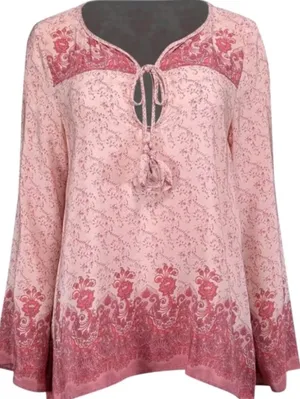 Calypso St Barth Pink floral silk Blouse Tassel Tie Top Floral V Neck Sheer Boho thumbnail 1