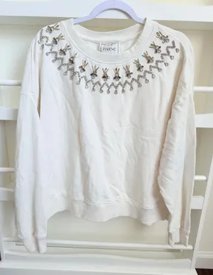 Maeve Anthropologie White Embellished Jeweled Neckline Cotton Sweatshirt Large thumbnail 1